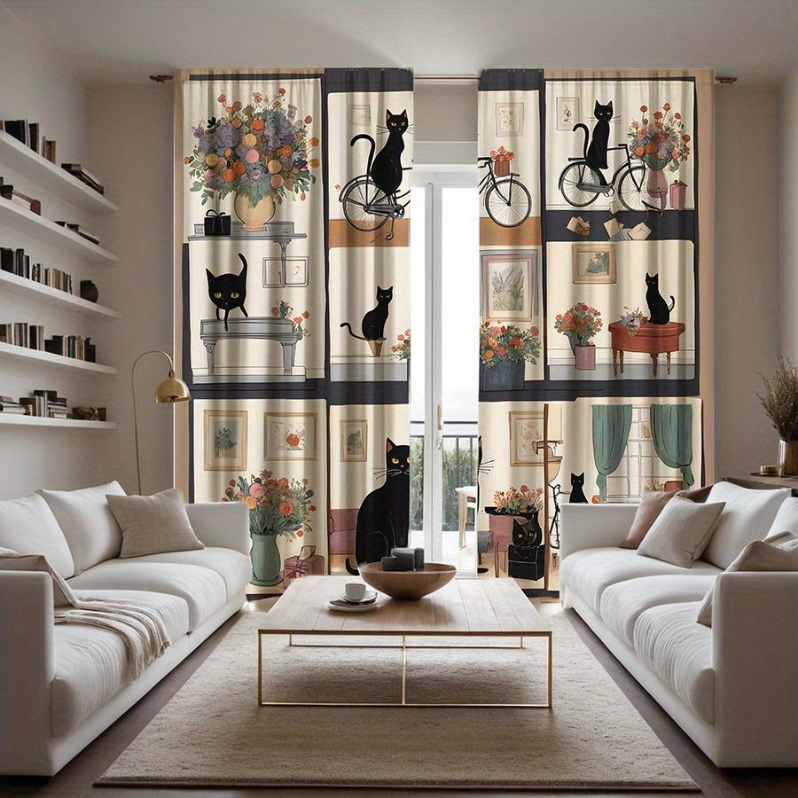 

2Pcs Americana Style Cat And Bicycle Printed Curtains, Semi-Sheer Polyester Drapes For Living Room, Machine Washable Decorative 53x116cm 2pc&Without mount