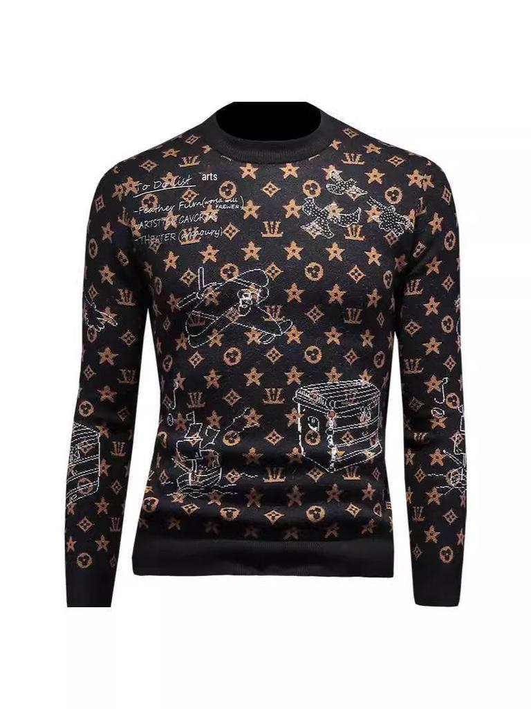 Męski zimowy europejski sweter z żakardowej wełny 2024 - Modny dzianinowy z okrągłym dekoltem, codzienna odzież