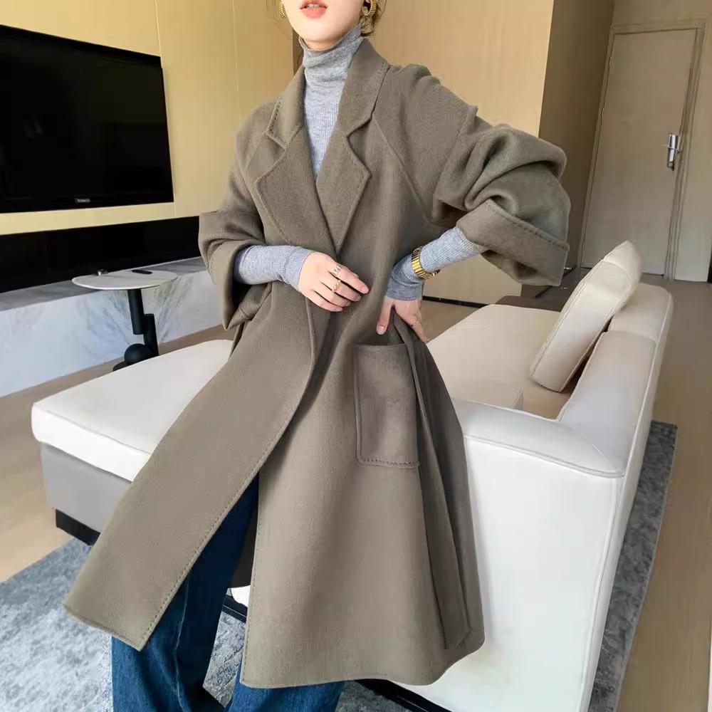 Damenwollmantel doppelseitig mit Bindegürtel: Herbst/Winter, 100% Wolle, Überknielang, Lockere Passform