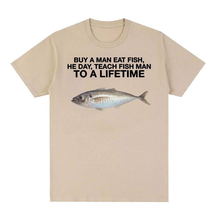 

Купите футболки с забавными мемами «A Man Eat Fish, He Day, Teach Fish Man, To A Lifetime Meme», мужская повседневная футболка большого размера из 100% хлопка с круглым вырезом