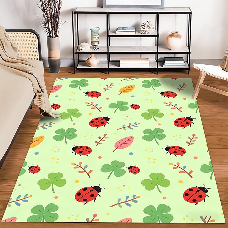 Ladybug and Clover Pattern Carpet, Cute Nature Design, Green Background Suitable for use as an anti-slip for living room bedroom sofas