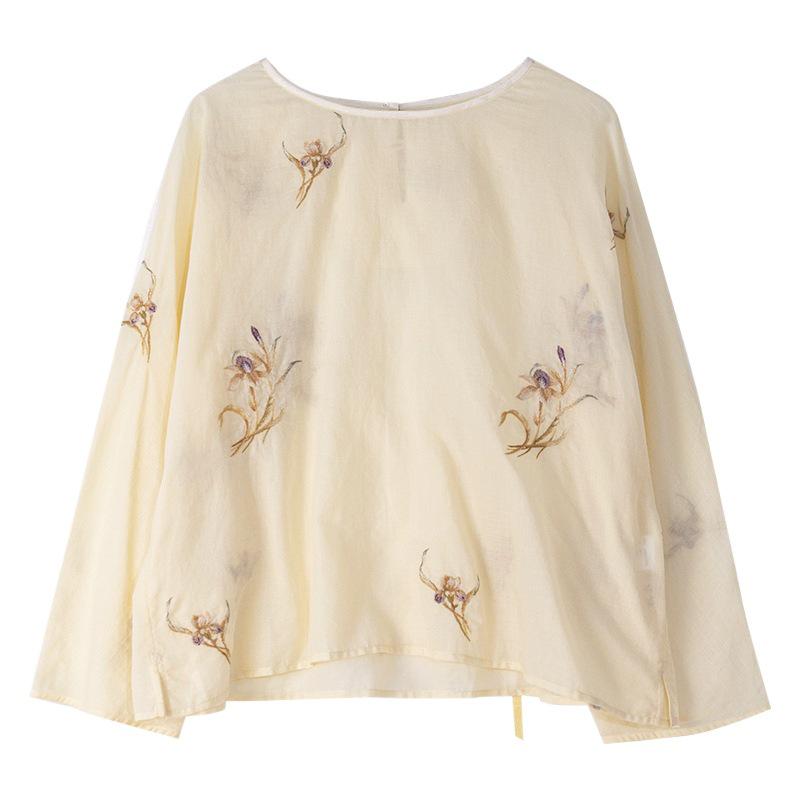 Women's Summer Lightweight White Embroidered Cotton Retro Shirt