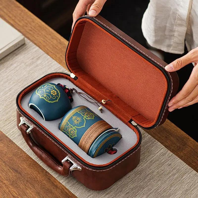 Portable Gongfu Tea Set with Ceramic Teapot & Tea Tin In Leather Bag for Outdoor Camping Hiking Travel Quick Brew