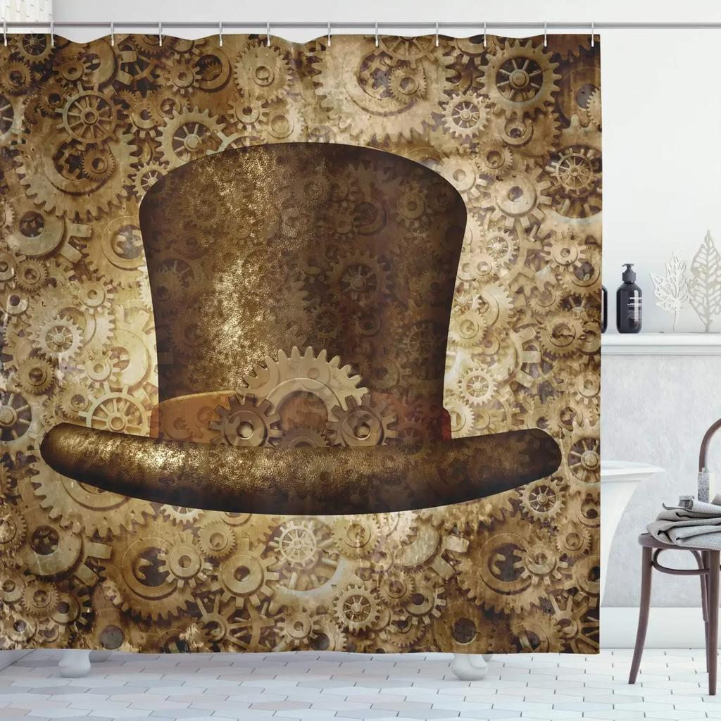 Retro Steampunk Clocks and Gears Shower Curtain Mechanical Clocks Details Over Old Metal Cloth Fabric Bathroom Curtain Set,hooks