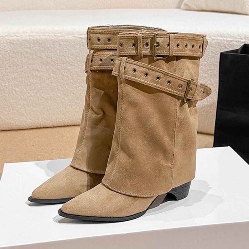 Pointed Toe Women's Boots Mid Heels Designer Mid Calf Shoes  Fashion Pumps Gothic Boots New Trend Walking Mujer De Botas