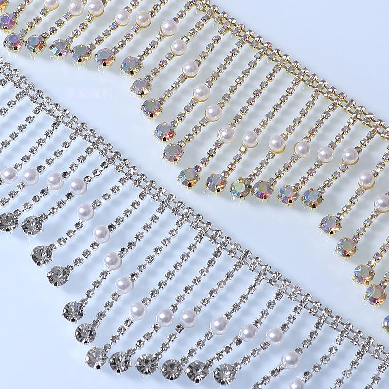 90cm Glitter Tassel Crystal Lace Trim AB Color Rhinestone Chain Claw Fringed Pearl Pendant Chain Diy Sewing Garments Crafts