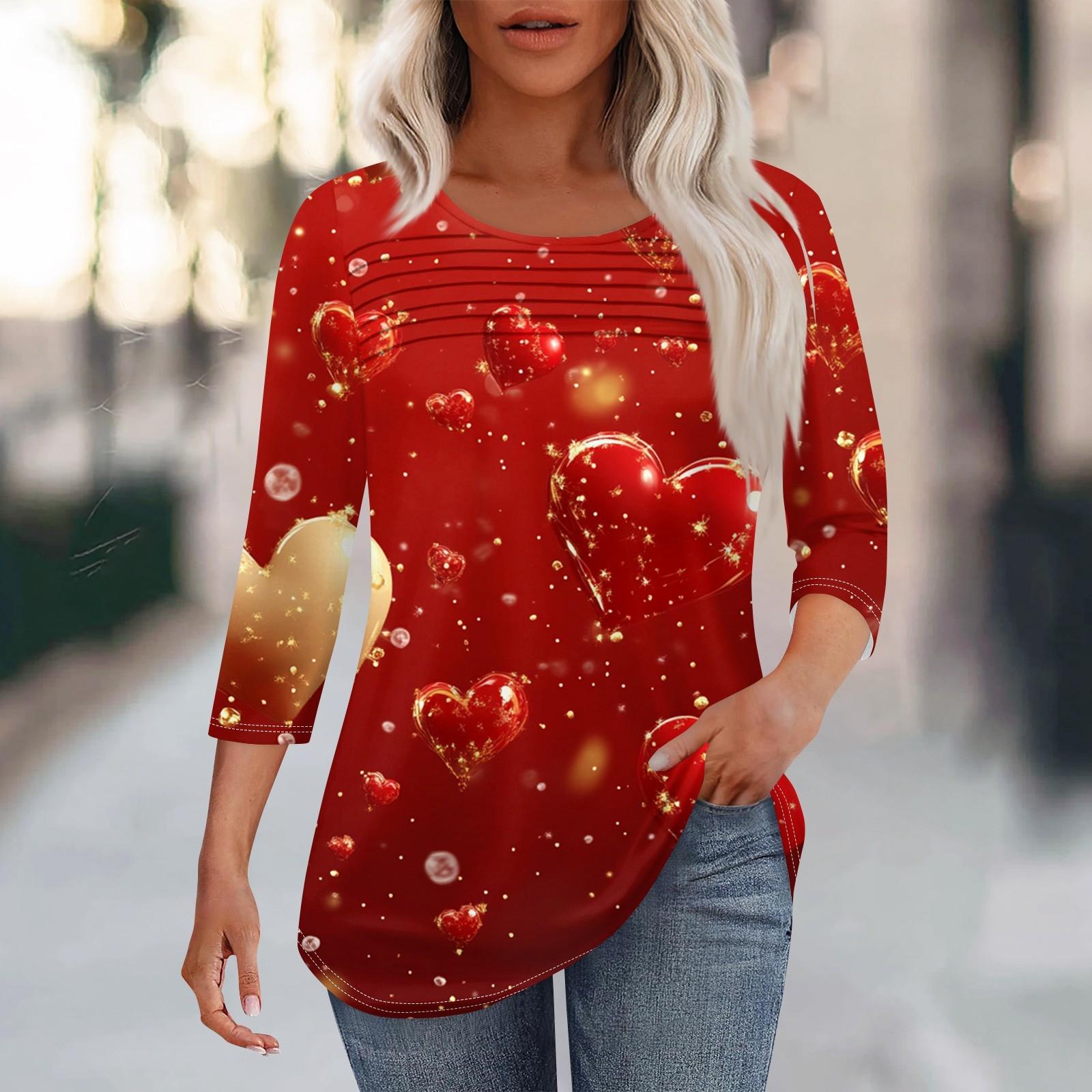 

Женская мода круглый вырез шея плиссированный спереди с принтом ко Дню святого Валентина рукав три четверти XL винный