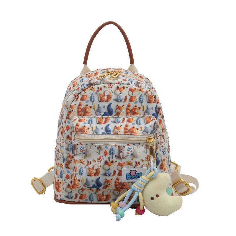 Cute Cotton Rabbit Bear Fox Shell Printed Student Casual Backpack With Pendant For Women