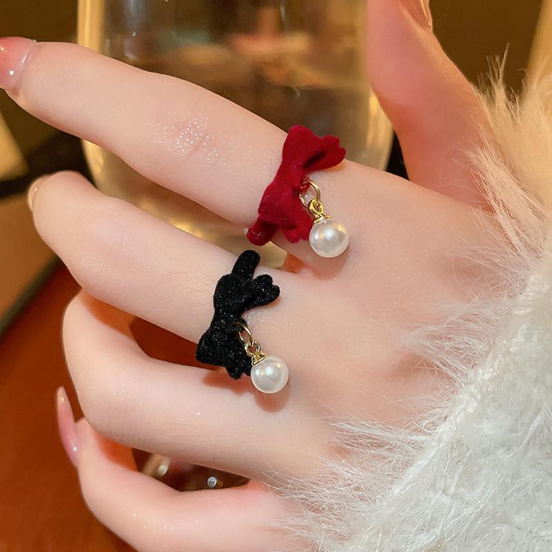 Winter Flocking Design Pearl Bowknot Rings for Women Fashion Exquisite Opening Finger Ring Sweet Christmas Jewelry Accessories
