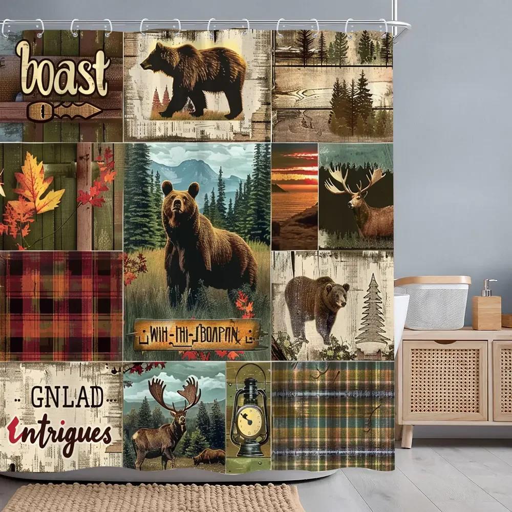 Vintage Lattice Outdoor Camping Shower Curtain Bear Deer Forest Rustic Wooden Panels Shower Curtains Bathroom Decor With Hooks