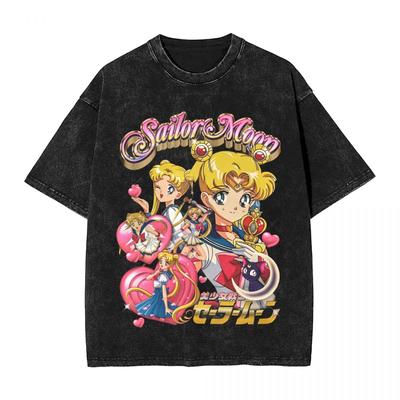 Koszulka Męska Damska Sailors Moons Vintage Washed 100% Bawełna Casual T-Shirt O-Neck Anime T-Shirty Krótki Rękaw Ubrania Plus Size