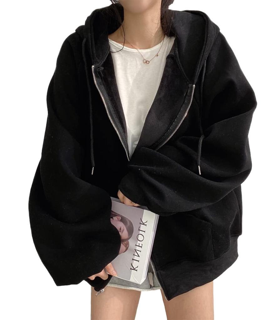Hoodie with Fleece Loose Harajuku Long Sleeve Top for Fall and Winter QYY-1 Women's Zip-Up Lining, Thick, Warm, Stylish, Casual, Fit, Oversized,