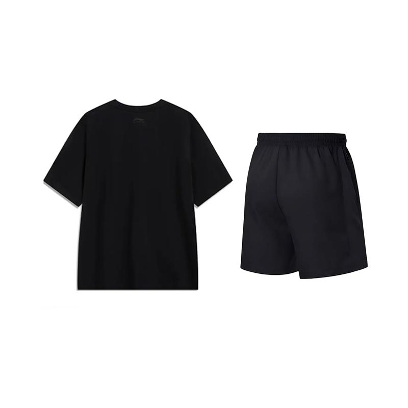 Li Ning Logo Print Round Neck Pullover Short Sleeve T-Shirt Loose Comfortable Solid Color Versatile Shorts Casual Sports Set YHSV373-2+AKSV843-1