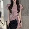 Women's Korean Fashion Lace Up Asymmetrical Designer Blouse Office Lady Luxury Elegant Shirt Short Sleeve Solid Slim Tops Blusas
