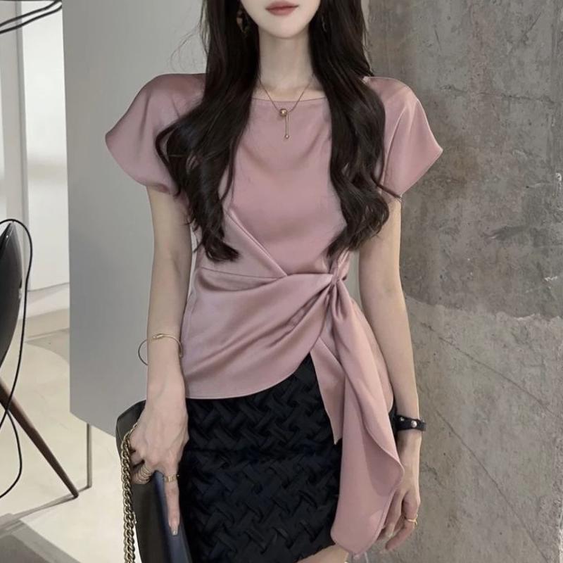 Women's Korean Fashion Lace Up Asymmetrical Designer Blouse Office Lady Luxury Elegant Shirt Short Sleeve Solid Slim Tops Blusas