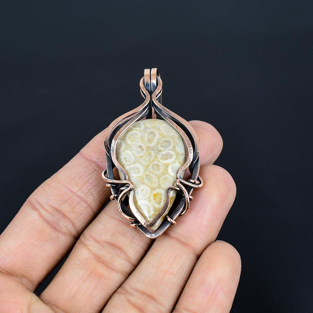 Fossil Coral 999 Copper Wire Wrapped Pendant Handmade Gemstone Jewelry, Gifts For Wife Brand New Jewelry Pendant
