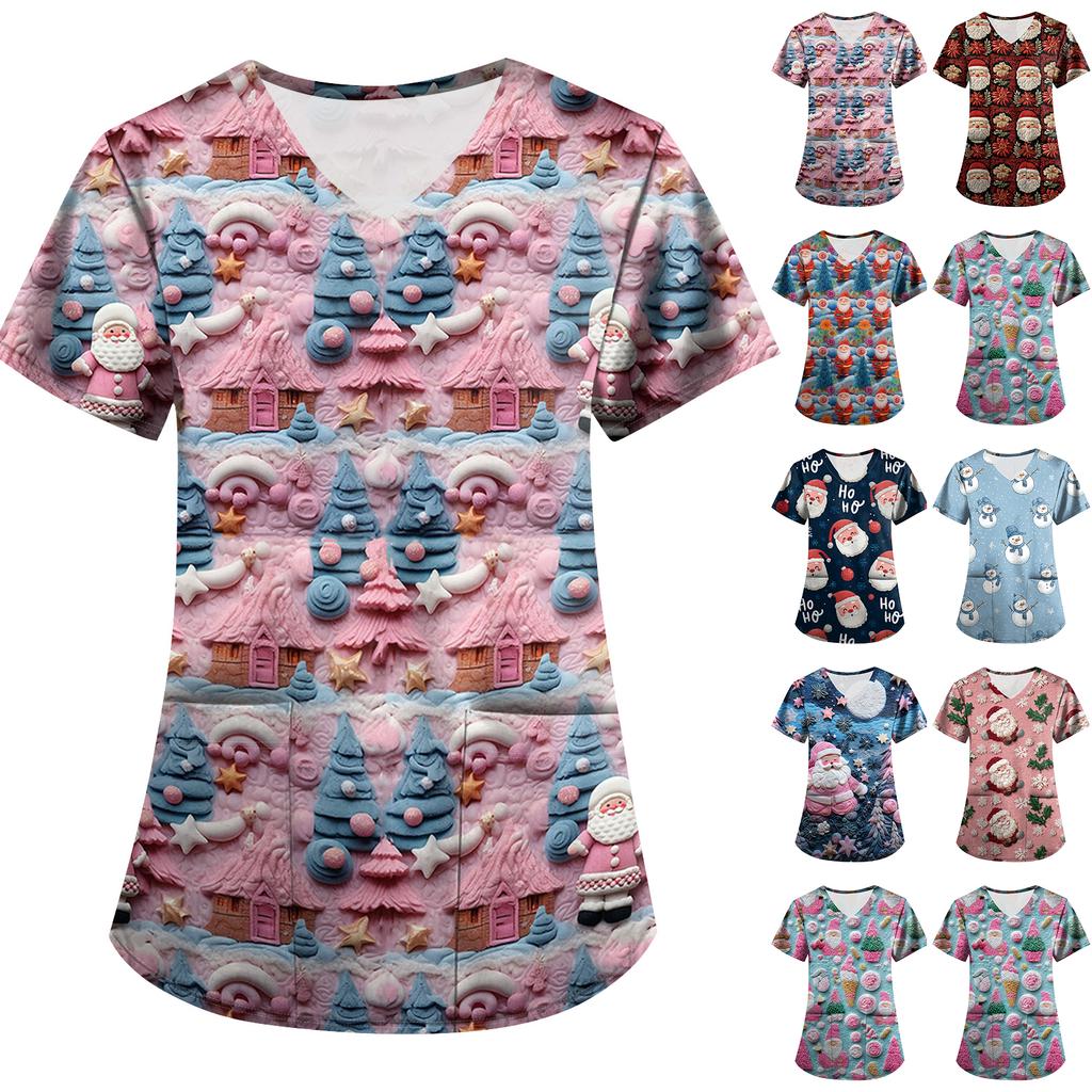 Plus SizePrinted Scrub Working Uniform Tops For Women's Cross V-Neck Print Short Sleeve Fun T-Shirts Workwear Tee With Pockets