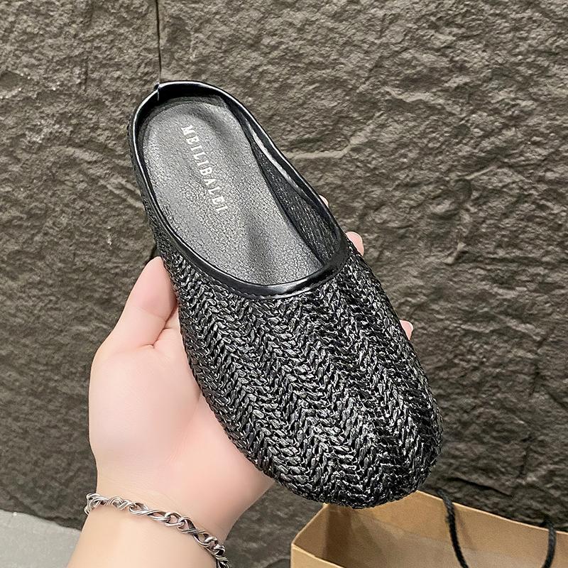 

Fashion 2025 Summer New Breathable Fashion Women s Apartment Knitted Design Slippers Luxury Comfortable Half-block Flat Sandals Slippers 40 чёрный