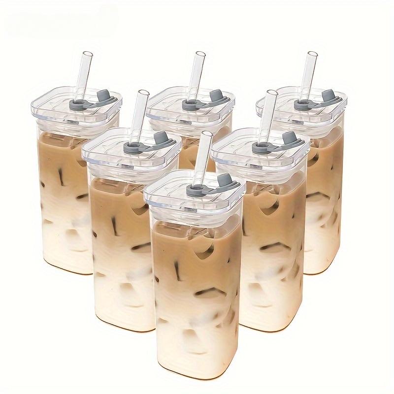 1pcs Square Heat Resistant Coffee Glass Cup With Lid and Straw Transparent Milk Tea Juice Cups Coffee Mug For Home Bar Drinkware