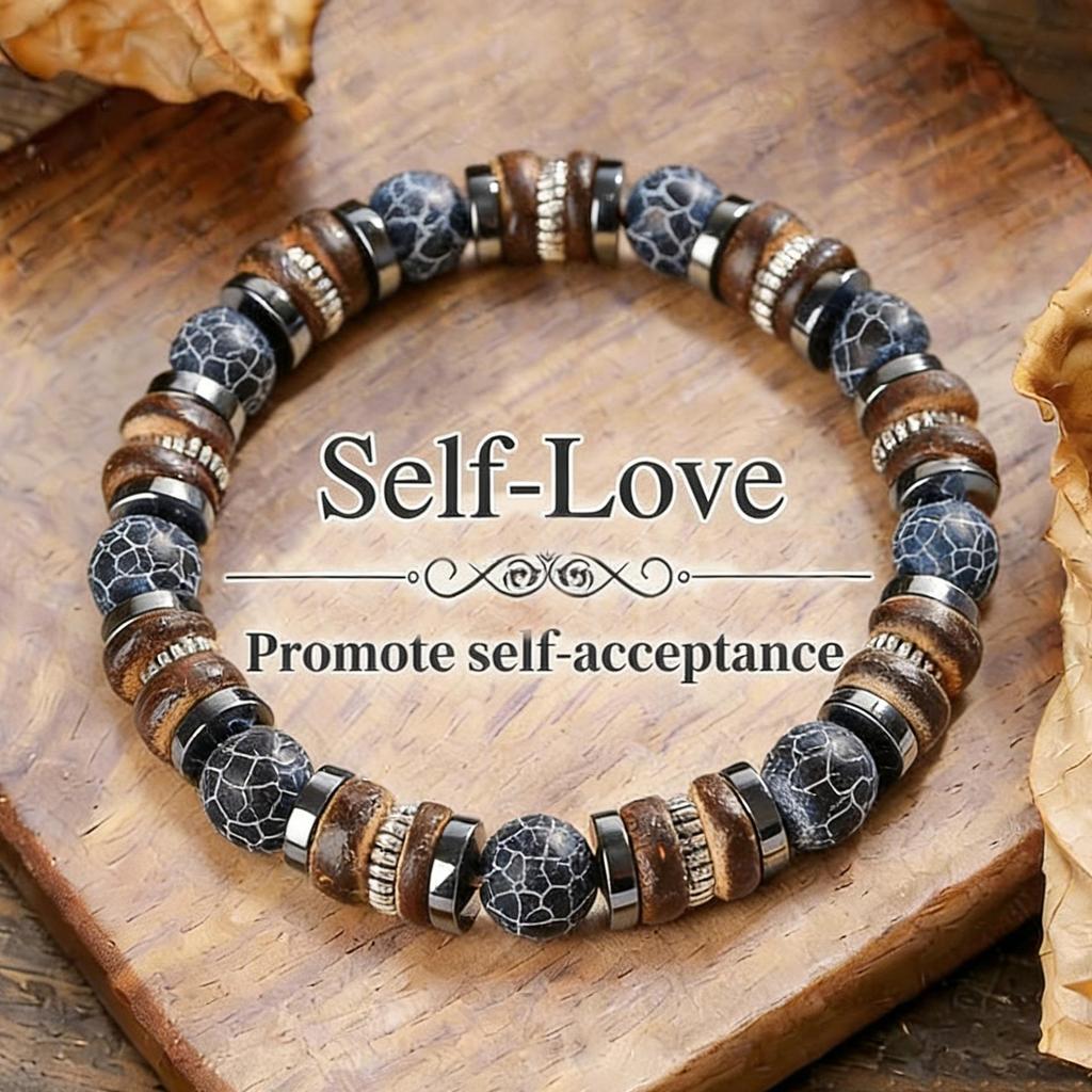 Temu Men's Black Hematite and Weathered Stone Beaded Bracelet