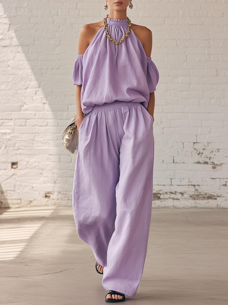 New Summer Women's Off-the-Shoulder Halter Top and High-Waisted Wide-Leg Pants Casual Set