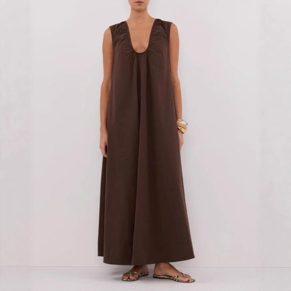 Summer Nordic simple style hot, loose sleeveless dress women s niche pleated V-neck vest skirt S коричневый