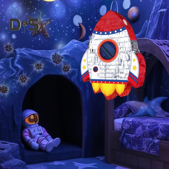 Pull String Rocket Ship Pinata Rocket Pinatas with Blindfold Bat Stick Confetti for Kids Space Themed Birthday Party Supplies