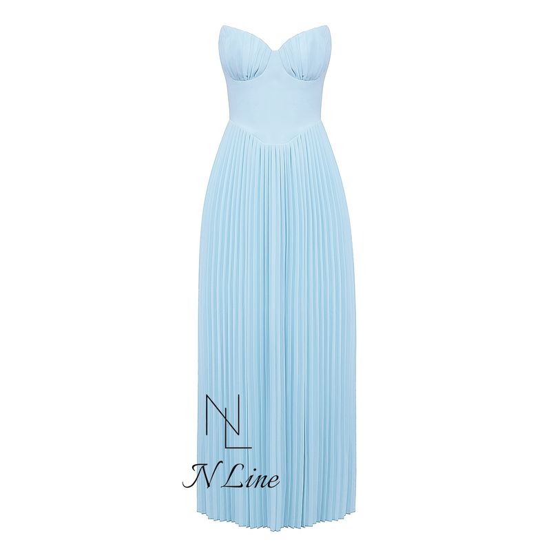 

Fashion Direct Mining House of CB Sexy Tube Top Ruched Corrugated Silm Long Pleated Skirt Dress Blue S