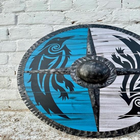 Handmade Viking Wooden Shield Tribal Raven Design, Norse LARP Cosplay