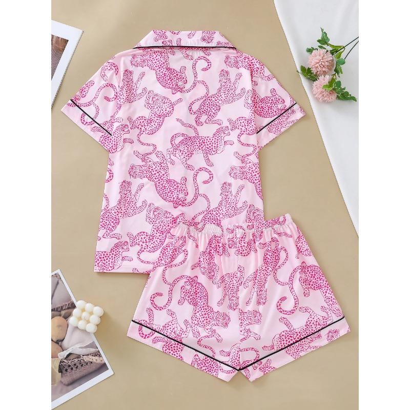 Casual Pink Leopard Print Pajama Set for Women Lapel Short-sleeved Top and Baggy Shorts Loungewear for Women