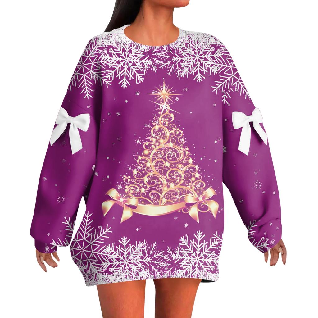 Ladies' Christmas Printed Bow Round Neck Long Sleeved Loose Pullover Sweater Sweatshirt Top