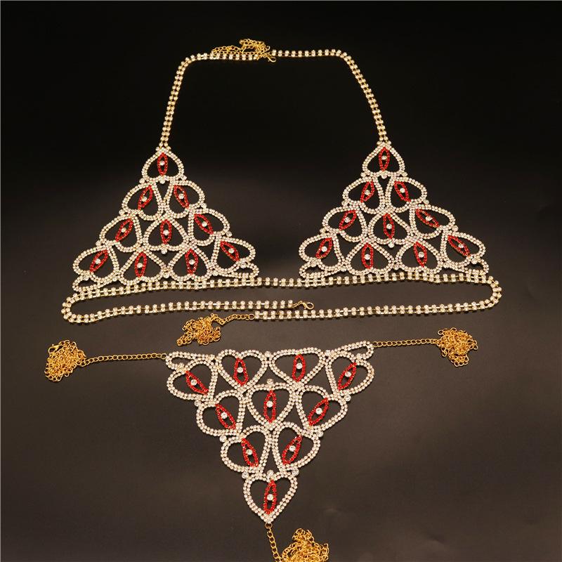 Cross-Border Hot Selling Exquisite Rhinestone Body Chains Shiny Sexy Heart-Shaped Bikini Bra T-Back Suit