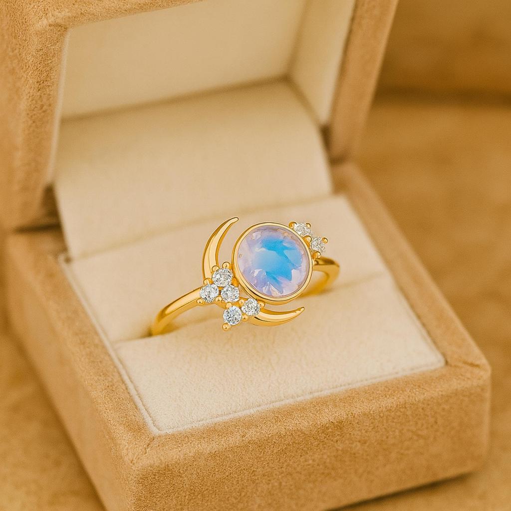 Moonstone Ring with Cubic Zirconia Side Stones – Gold Plated 925 Sterling Silver Crescent Moon Celestial Ring - Art Deco Bridal Jewelry Gift for Her