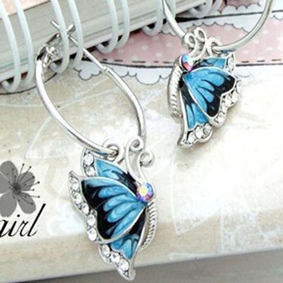 Women 1Pair Blue Crystal Rhinestone Enamel Butterfly Dangle Hoop Earrings Earbob