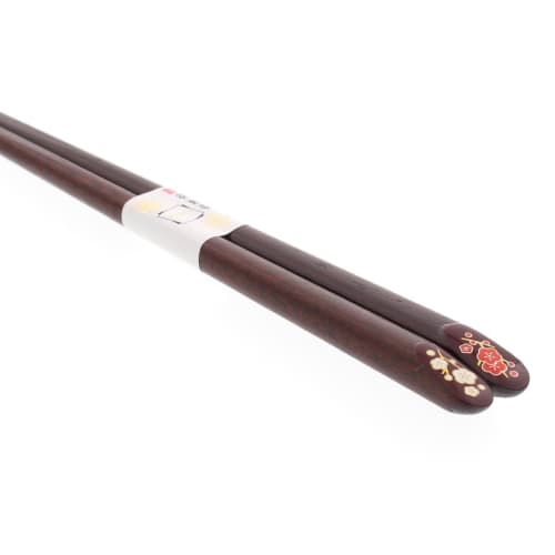 Chopsticks with Gold Base, Red and White Plum Design, Natural Wood, Lacquered Finish, Pointed Tips, 20.5cm