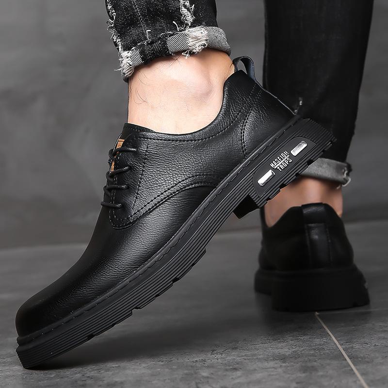 

2024 summer new men s shoes black casual leather shoes youth work kitchen platform lace-up chef work trendy shoes 38 чёрный