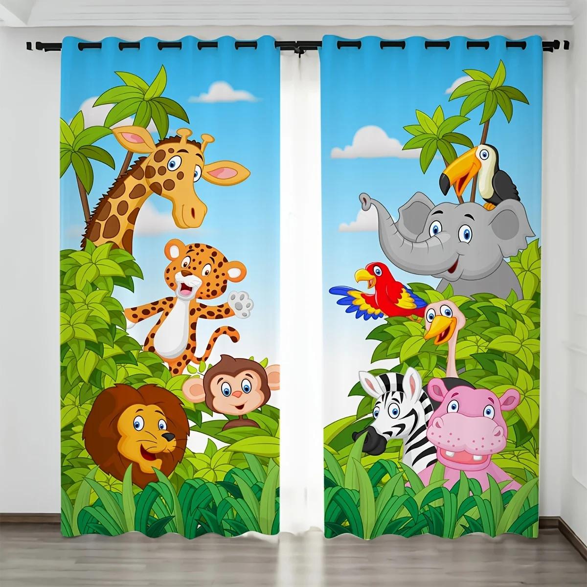 

2Panels Forest Zoo Curtains Giraffe Lion Elephant Monkey Print Curtains for Kids Boys Girls Bedroom Window Blinds cortinas 2x60Wx50H(CM)&Rod Pocket