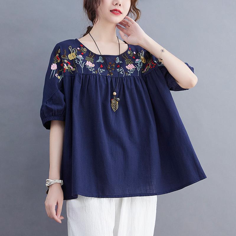 Summer New Cotton and Hemp Embroidered Doll Shirt Women's Loose Retro Lantern Sleeve Aging Top