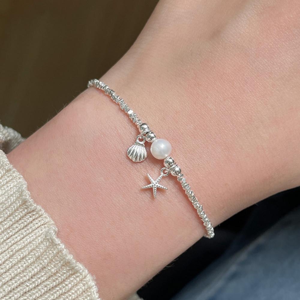 925 Silver Plated Pearl Shell Bracelet for Women Exquisite Summer Ocean Starfish Bohemian Style Adjustable Bracelet Jewelry Gift