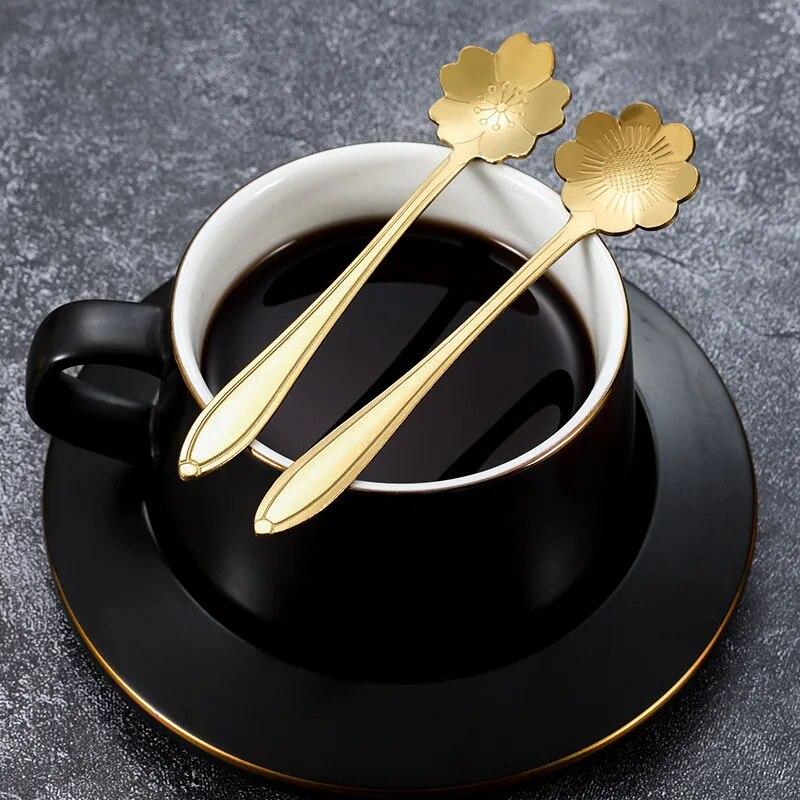 6pcs Stainless Steel Cherry Rose Flower Gold Scoop Coffee Spoon Gifts Kitchen Dessert Tea Accessories Tableware Decoration Set