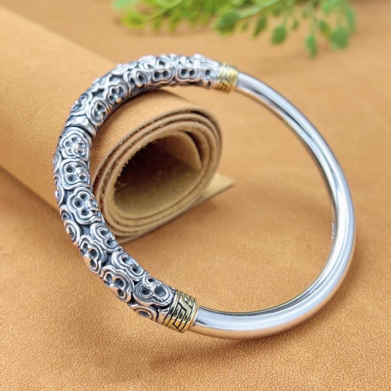Zuyin 999.9 Vintage Auspicious Cloud Gold Hoop Stick Solid Bracelet, Pure Silver Ethnic Style, Male and Female Personality, Small and Popular Bracelet