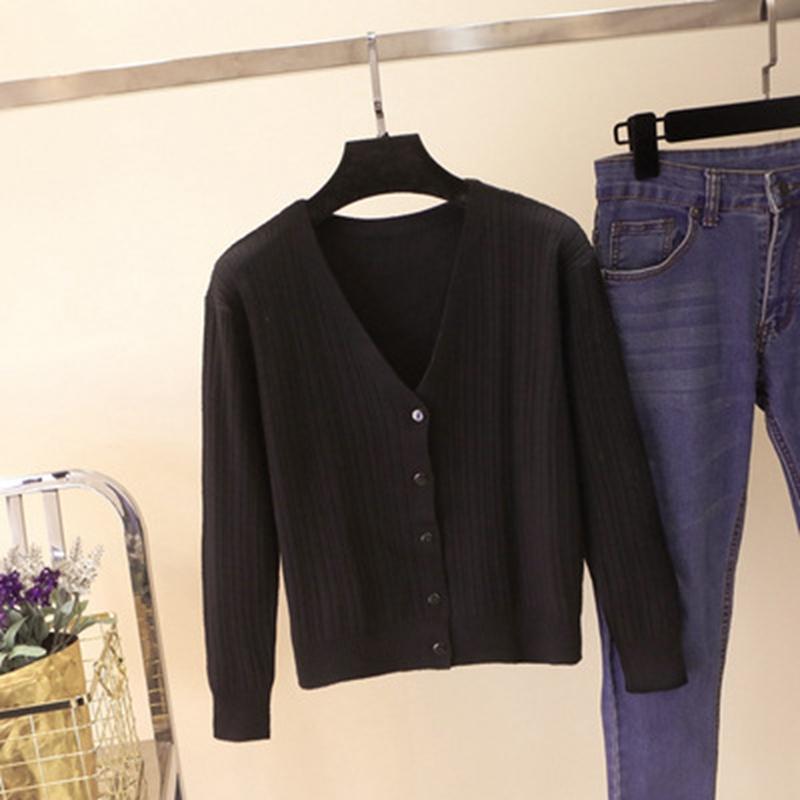 Autumn Winter Loose Short Outer V Neck Long Sleeve Solid Color Single Breasted Knitted Cardigan