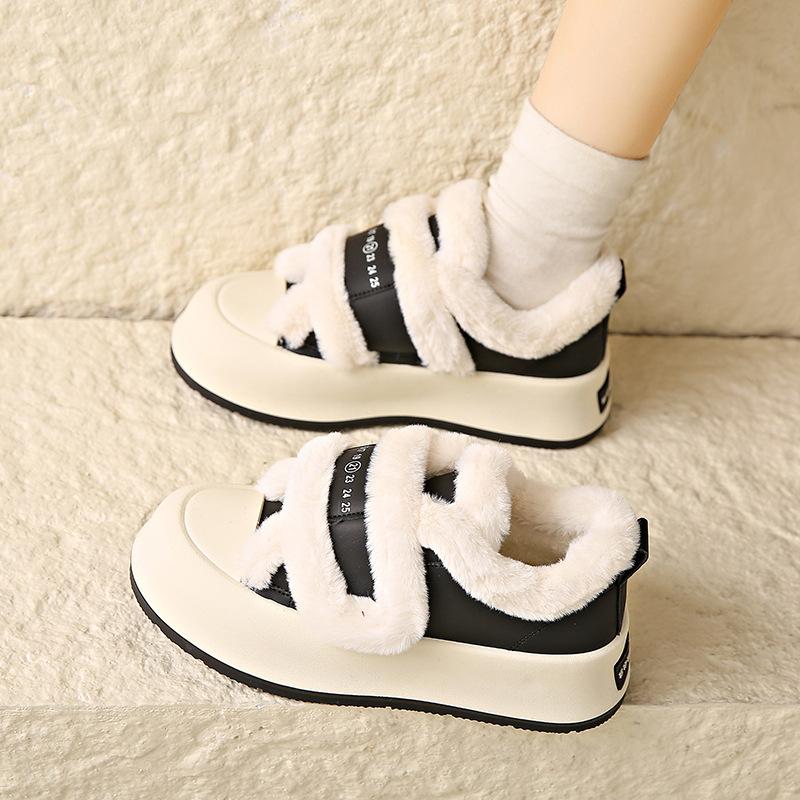 Women's Retro Velcro Thick Sole Fashion Lightweight Soft Sole Winter Warm Fur One Snow Boots Fluffy Lined Non-slip Casual Sports Cotton Boots