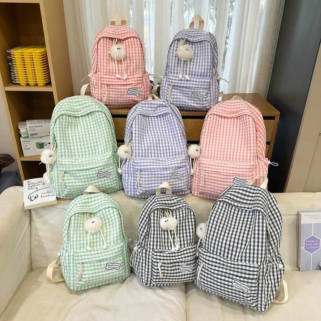 Schoolbag Backpack Women's 1011 New Candy Color Sweet and Fresh Student School Bag Versatile Simple Plaid Large Capacity Backpack