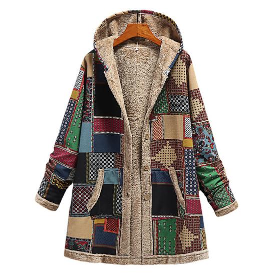 Women Overcoat Keep Warm Hooded Polyester Ethnic Pattern Winter Coat for Daily