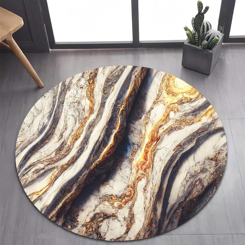 White Gold Marble Round Area Rug –Elegant Carpet for Bedroom or Living Room – Non-Slip Floor Mat, Pet-Friendly Modern Home Decor