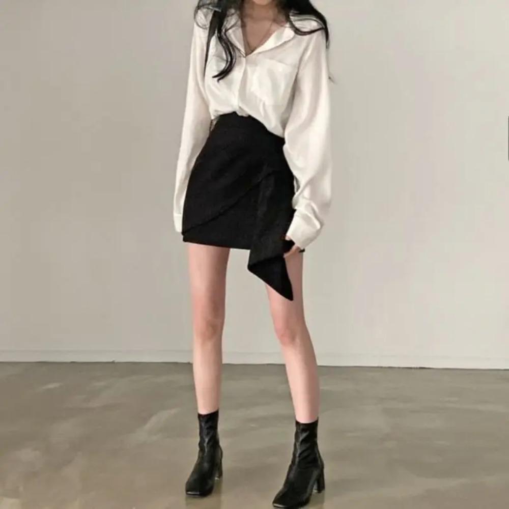 Dámské soupravy Dlouhý rukáv Jednobarevné košile Nepravidelné Mini sukně Ženy Dvoudílné Štíhlé Sexy Korejský styl Šik Stylové Štíhlé