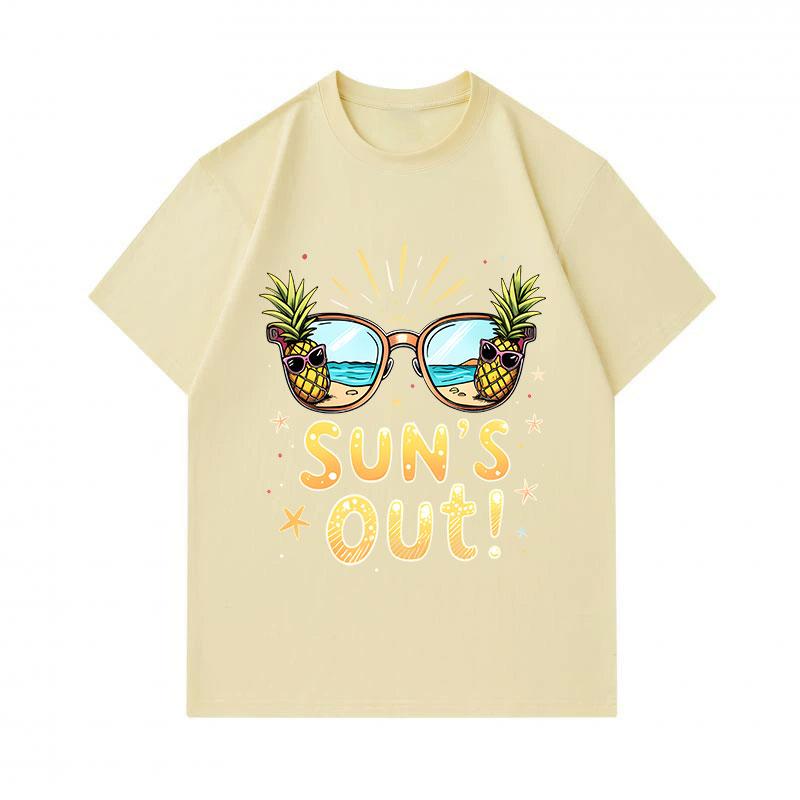 Men's 100% Cotton Crew Neck Short Sleeve T-Shirt, Funny Sun's Out Pineapple Sunglasses Beach Printed Casual Summer Holiday Tee Tops