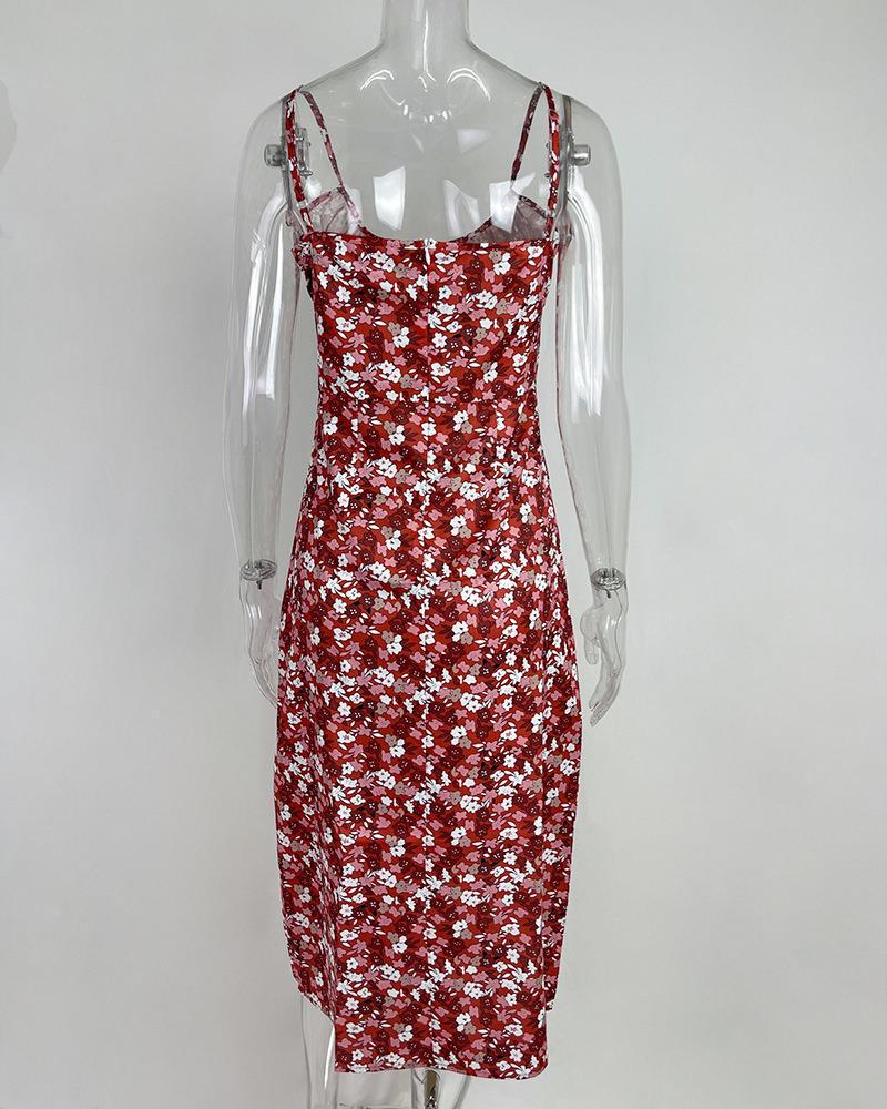 European & American Summer Floral Print Ruched Tie-Up Slit Camisole Dress