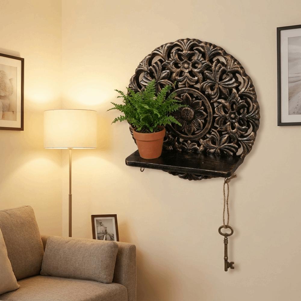 Bohemian Style Round Carved Rack Decorative Space Saving Wall Storage Rack Wall Mounted with Hooks Plant Display Rack